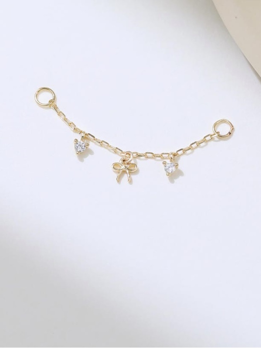 14K Solid Gold Bow Charm with Diamond Dangle, Delicate Chain Connector